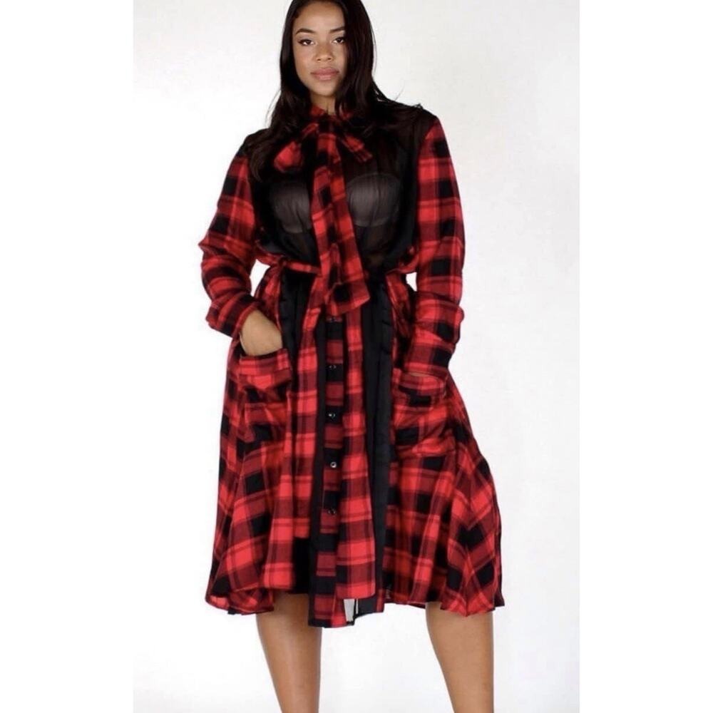 Black Red Buffalo Plaid Layered Sheer Dress Eien 2XL Belted Button Front Shirt